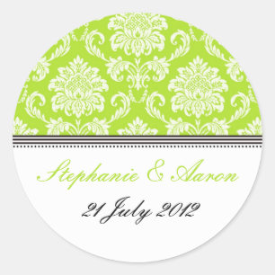 Redonda Pegatina de la boda Lime Green Damask
