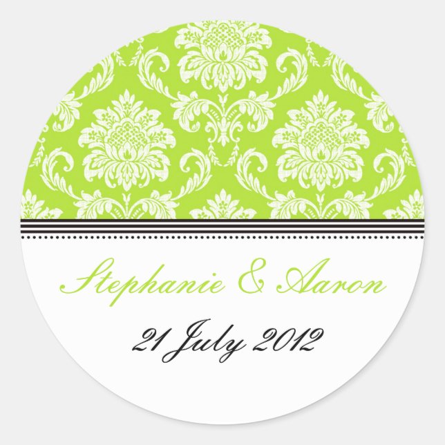 Redonda Pegatina de la boda Lime Green Damask (Anverso)