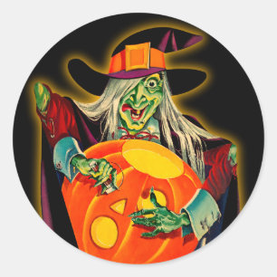 Redonda Pegatina de la bruja de Halloween del vintage