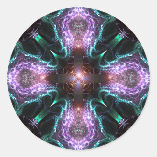Redonda Pegatina de la Cruz Púrpura Fractal
