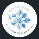 Redonda Pegatina de la dirección de Merry Christmas Blue P<br><div class="desc">Diseño de poinsettia azul de Feliz Navidad</div>