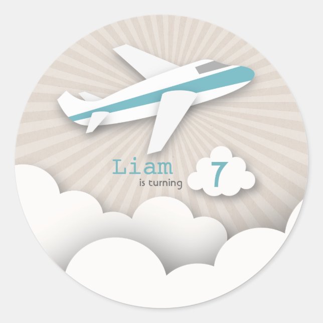 Redonda Pegatina de la fiesta de cumpleaños del avión azul (Anverso)