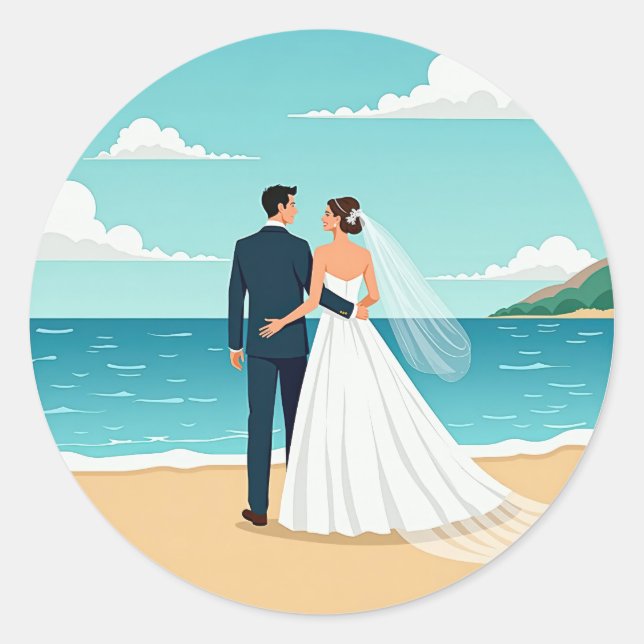 Redonda Pegatina de la pareja de bodas de playa (Anverso)