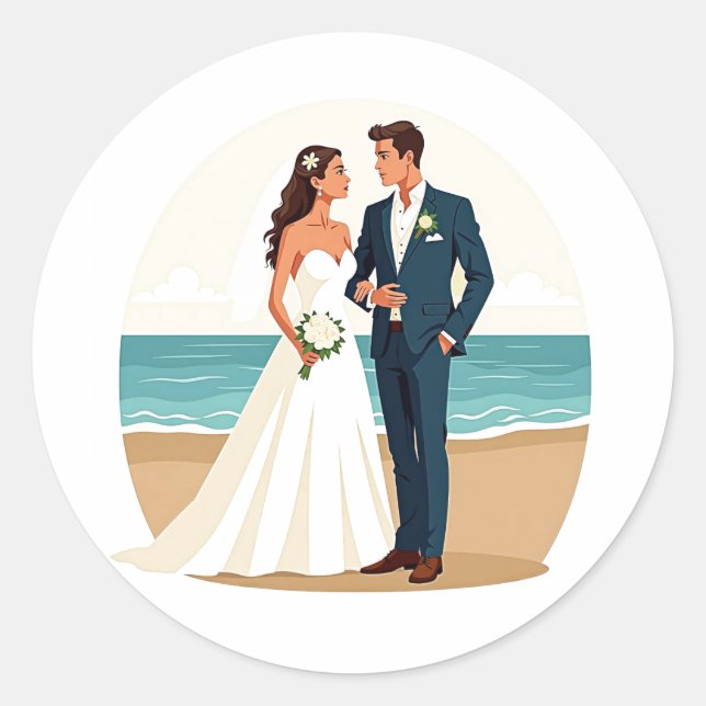 Redonda Pegatina de la pareja de bodas de playa (Anverso)