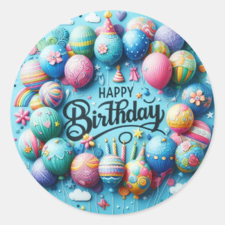 Redonda Pegatina de la ronda de cumpleaños feliz - Globos