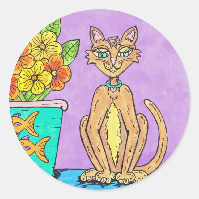Redonda Pegatina de Lady Kitten y Flowers (Anverso)