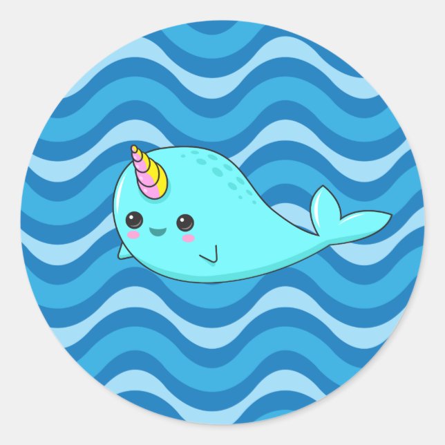 Redonda Pegatina de las olas azules de Kawaii Narwhal (Anverso)