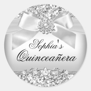 Redonda Pegatina de lazo de joyas y purpurina plateada