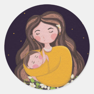 Redonda Pegatina de Madre Tierna y Bebé Dormido