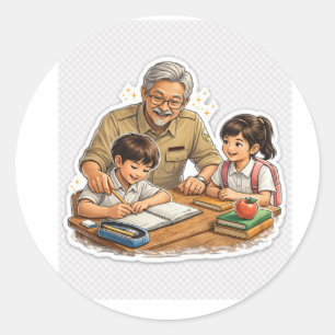 Redonda Pegatina de maestro ayudando a estudiantes