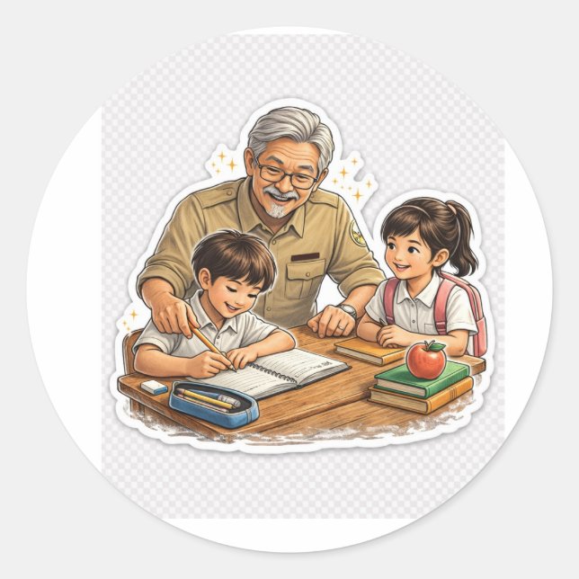 Redonda Pegatina de maestro ayudando a estudiantes (Anverso)