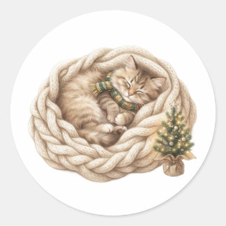 Redonda Pegatina de manta de gato de Navidad acogedor