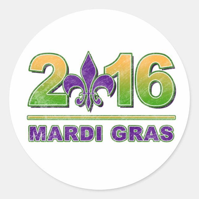 Redonda Pegatina de Mardi Gras Fleur-de-Lis 2016 (Anverso)