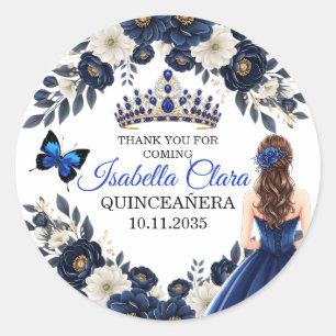 Redonda Pegatina de mariposa para favor de Quinceañera azu