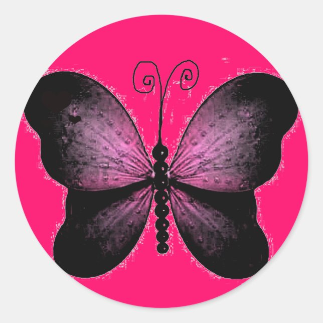 Redonda Pegatina de mariposa rosada negra y caliente (Anverso)