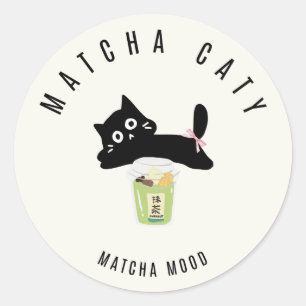 Redonda Pegatina de Matcha de Gato Negro Adorable Matcha