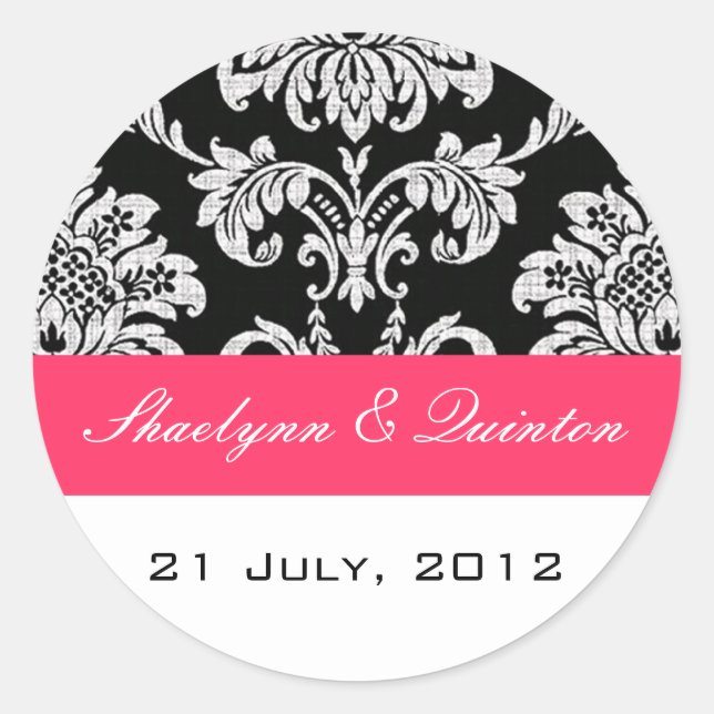 Redonda Pegatina de matrimonio Damask de Black and Fuchsia (Anverso)