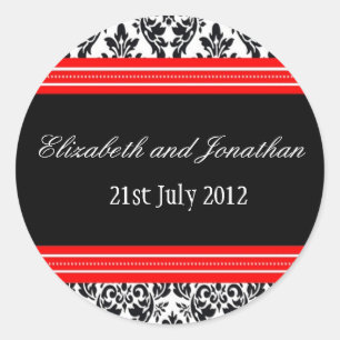 Redonda Pegatina de matrimonio Damask rojo y negro