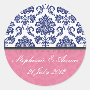 Redonda Pegatina de matrimonio Royal Blue and Pink Damask