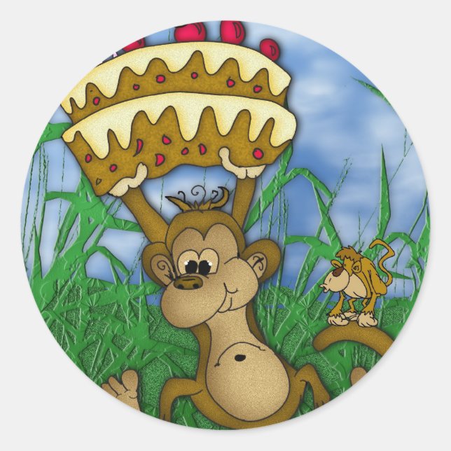 Redonda pegatina de mono Feliz cumpleaños con el mono en m (Anverso)