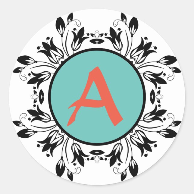 Redonda Pegatina de MONOGRAM blanco y negro de Damask (Anverso)