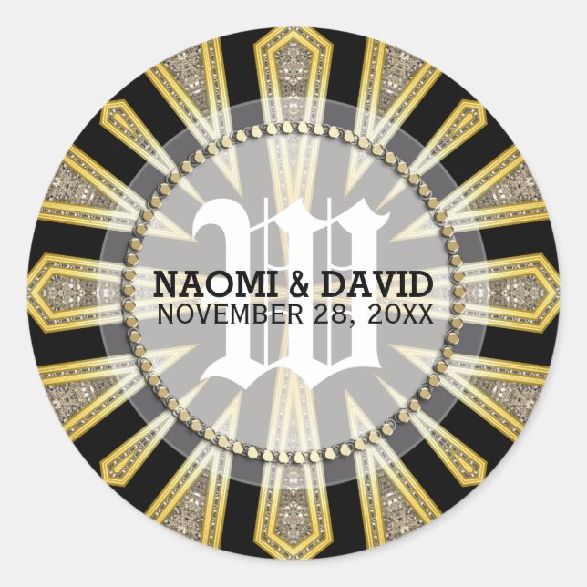 Redonda Pegatina de Monograma Art Deco de Oro Elegante (Anverso)