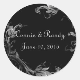 Redonda Pegatina de Monograma de Matrimonio de Damasco Bla