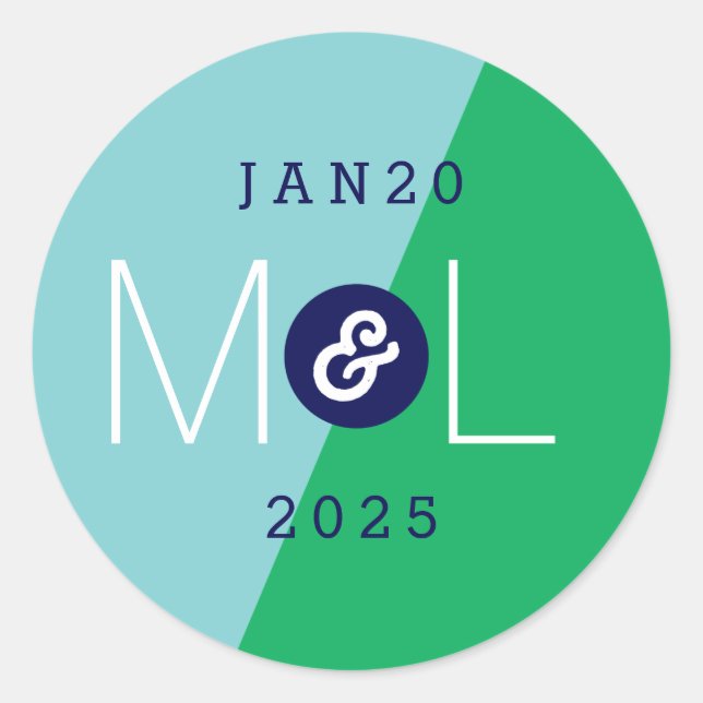 Redonda Pegatina de monograma moderno con Boda Dúo dinámic (Anverso)