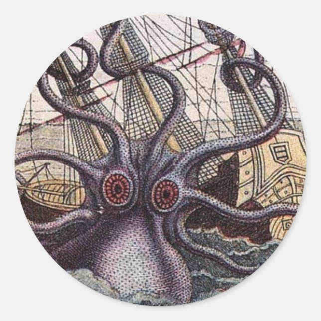 Redonda Pegatina de Monstruo del Mar de Vintage (Anverso)