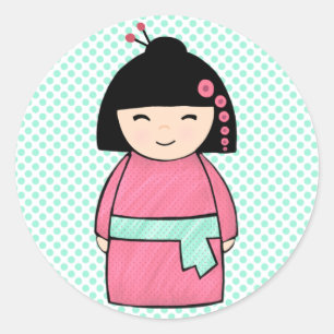 Redonda Pegatina de muñeca Kokeshi, brillante, 3 pulgadas