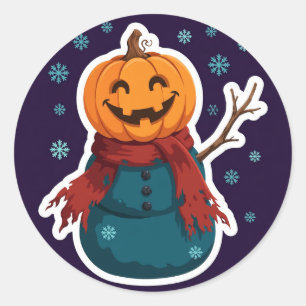 Redonda Pegatina de muñeco de nieve con cabeza de Jack-o'-
