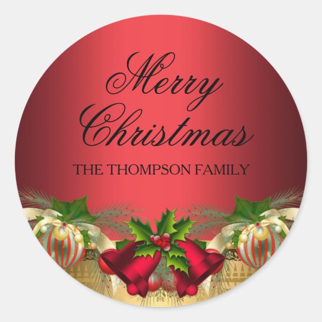 Redonda Pegatina de Navidad Campanas Rojas Doradas y Adorn (Anverso)