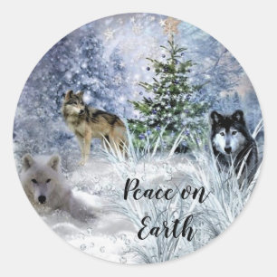 Redonda Pegatina de Navidad con Lobos y Nieve Invernal