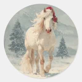 Redonda Pegatina de Navidad de Caballo Blanco