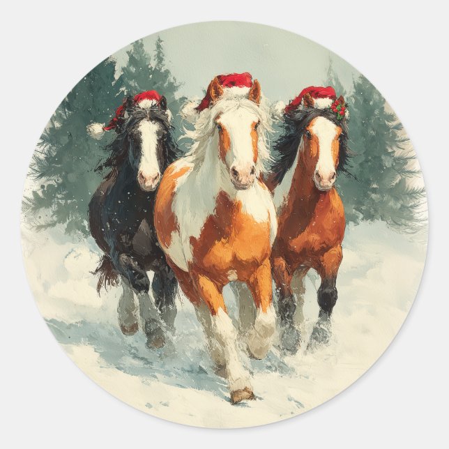 Redonda Pegatina de Navidad de Caballos al Galope (Anverso)