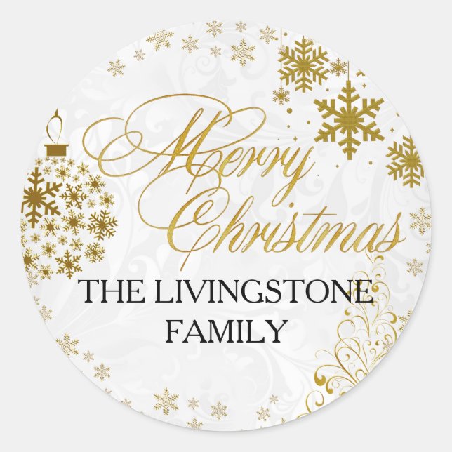 Redonda Pegatina de Navidad de copo de nieve dorado (Anverso)