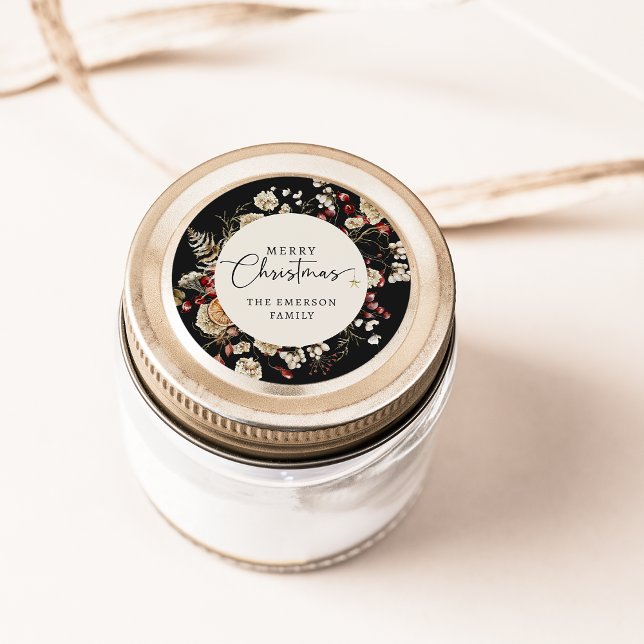 Redonda Pegatina de Navidad de follaje negro (Black Greenery Christmas Sticker
)