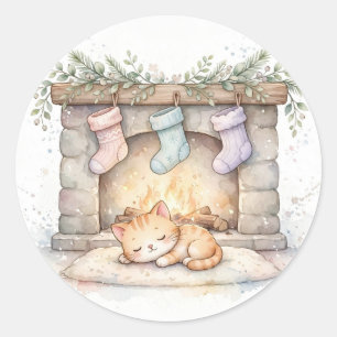 Redonda Pegatina de Navidad de gato junto a la chimenea ac