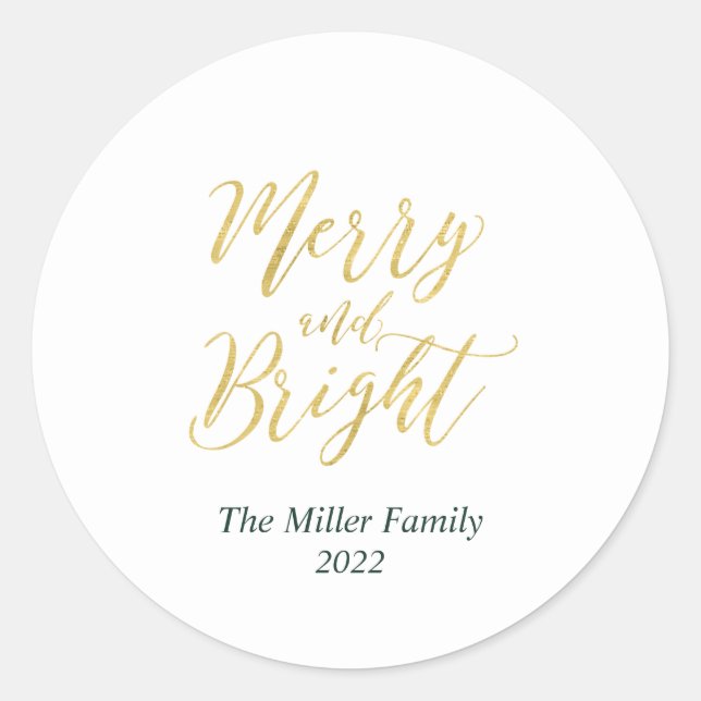 Redonda Pegatina de Navidad Gold Merry & Bright (Anverso)
