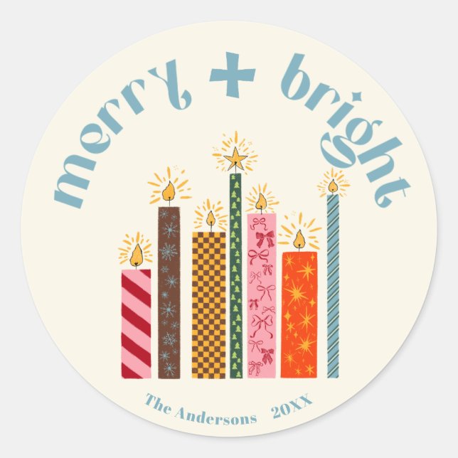Redonda Pegatina de Navidad Merry + Bright ilustrada a man (Anverso)