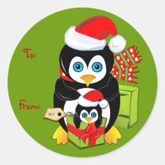 Redonda Pegatina de Navidad Personalizado con pingüinos