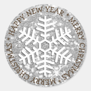 Redonda Pegatina de Navidad Silver Snowflake Merry