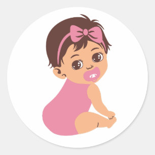 Redonda Pegatina de niña bebé de pelo castaño dulce