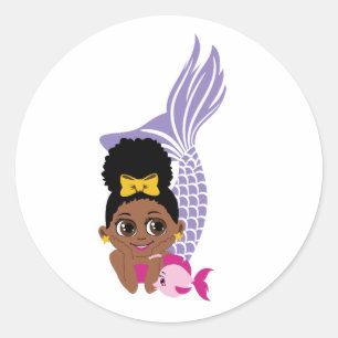 Redonda Pegatina de niña sirena con afro negro