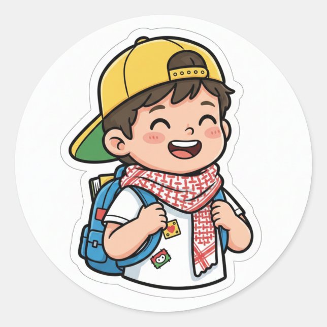 Redonda Pegatina de niño escolar feliz (Anverso)