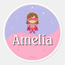 Redonda Pegatina de nombre de niña superheroína personaliz