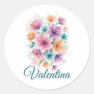 Redonda Pegatina de nombre floral de acuarela personalizad