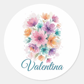 Redonda Pegatina de nombre floral de acuarela personalizad