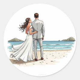 Redonda Pegatina de novia y novio en la playa
