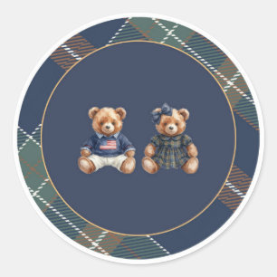 Redonda Pegatina de osito de peluche elegante a cuadros na